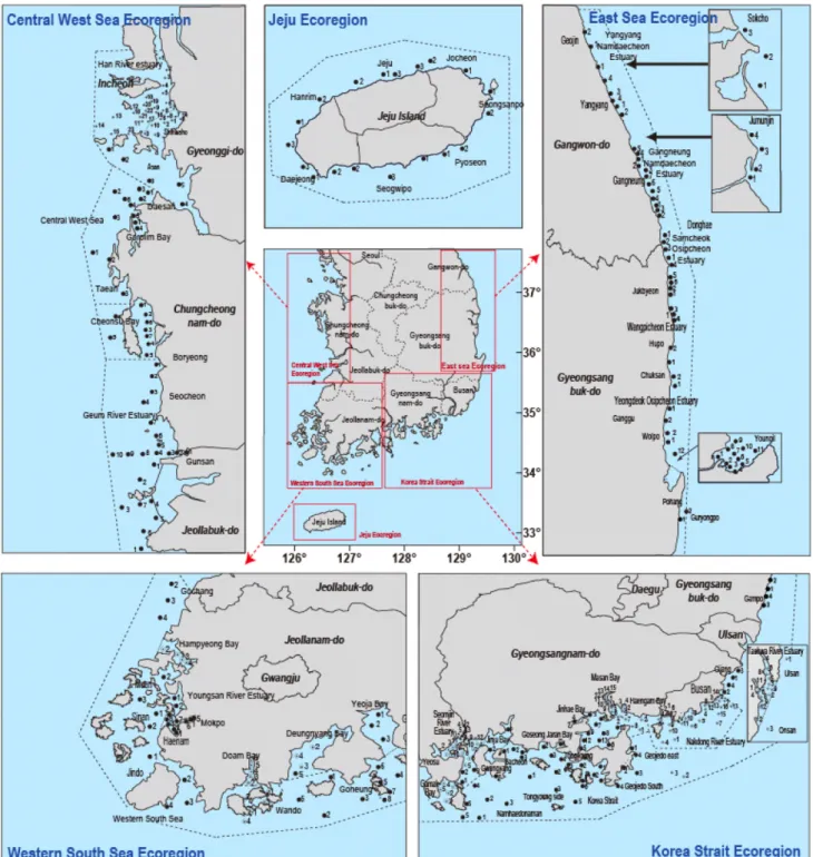 Fig. 1. A map showing the sampling locations (black circle, 317 stations) in the coastal area of Korea