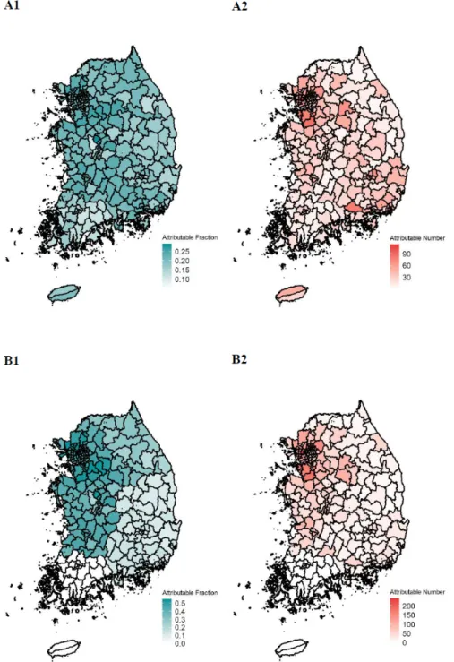 Fig. 2. Spatial distribution of PM 10  attributable fraction and number of deaths for cardiovascular mortality in 2018 using the nationwide (A1, A2)  or area specific (B1, B2) relative risks