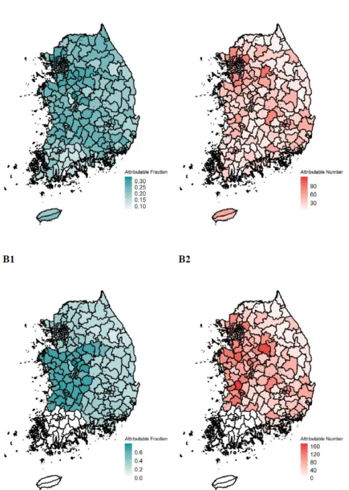 Fig. 3. Spatial distribution of PM 10  attributable fraction and number of deaths for respiratory mortality in 2018 using the nationwide (A1, A2) or  area specific (B1, B2) relative risks