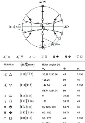 Fig. 9 Main ideal texture components in the simple  shear deformation of FCC materials 