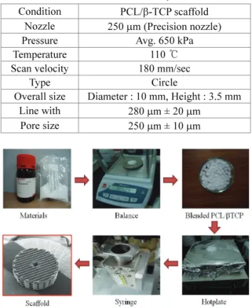 Table 1 Process condition of PCL/ β-TCP scaffold  Condition  PCL/ β-TCP scaffold 