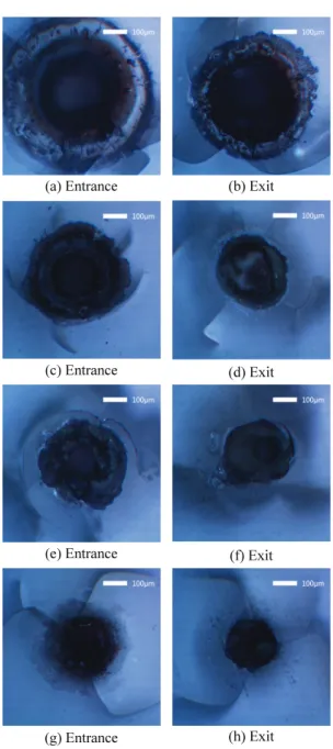 Fig. 3  Processing results from pulse width (a), (b) 10  mm/s, (c), (d) 25 mm/s, (e), (f) 50 mm/s, (g), (h)  100 mm/s