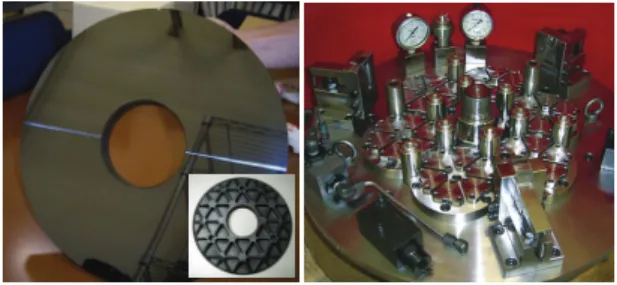Fig.  1  Configuration of SiC light-weight mirror  machined by ELID grinding technology and jig  of static pressure supporter
