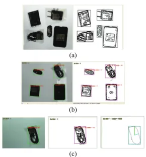 Fig. 7 은  결합된  이진  알고리즘을  적용한  물체  영 역  검출,  세부  유형  분류기를  이용한  다중  물체  인식  및  최대각  추정을  통한  물체의  회전  각도  추 정  실험  결과를  나타낸  것이다