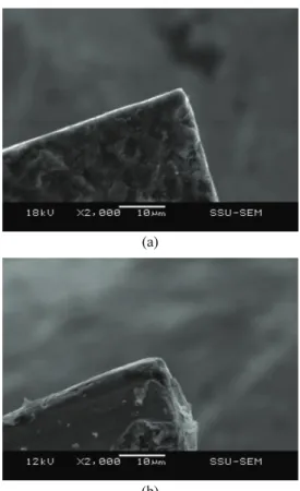 Fig. 14 SEM of flank face after machining of (a) 0 mm,  (b) 750 mm, (c) 1,500 mm, (d) 2,250 mm (arrows  show the cutting direction) 