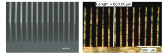 Fig. 15 Machined micro barrier rib array structures  having high aspect ratio (width 20  µm, depth  600  µm, AR 30)  4