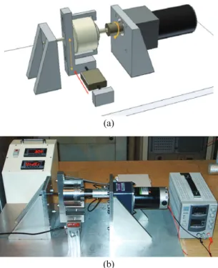 Fig. 9 (a) Modeling of test equipment (b) Schematic of  test equipment  평가  장치는  바퀴  회전을  위한  구동모터,  속도 측정을  위한 rpm 센서,  전압  및  전류  조절장치,  하 중  표시기  등으로  구성하였다