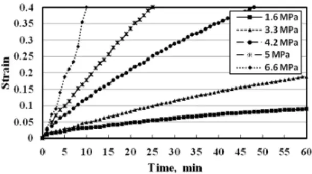Fig. 10 Constant-stress creep curves at 100 o C  합력도  비교적  크지  않은  것으로  사료된다.  재료의  열적  성질의  한계에  가까운  온도  수준인 120℃에서  시험한  결과를 Fig