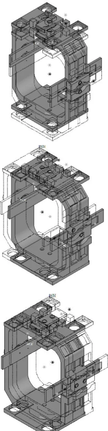Fig. 4 1 st , 2 nd  and 3 rd  Mode Shape for Gimbal Structure  System  2.3  조화응답해석  조화응답해석을  하기  위해서는  일정  범위의  진 동수를  갖는  외부  가진이  필요하다