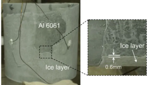 Fig. 4 Formation of ice layer at tube surface during up- up-hill quenching and thickness of ice layer after 5 s  3