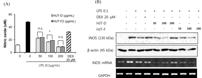 Fig. 3. Effect of HJT-D and HJT-F on RAW 264.7 cell via- via-bility. The macrophages were treated with various  concentra-tion (0, 31.25, 62.5, 125, 250, 500, 1000 μg/mL) of HJT-D and HJT-F for 24 hrs