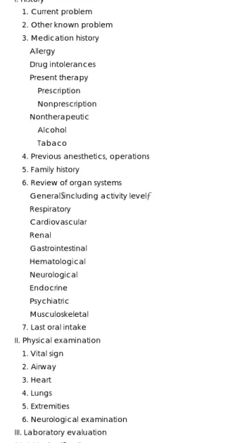 Table 1. Routine preoperative anesthetic evaluation  I. History 