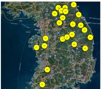 Fig. 1. Location of sampling sites.Introduction우리나라 전체면적 중 약 7%가 밭토양이며, 밭토양의 약 62%정도가 7%보다 높은 경사지에 위치하여 토양침식에 매우 취약한 것으로 알려져 있으며 (NIAST, 1992), 전체 농경지 중 밭 전환 적합지 면적이 31%인 357 천ha, 밭 전환 가능면적이 43%인 489 천ha인 반면 부적지는 26%인 305 천ha가 분포하고 있다 (Jung et al., 1996)