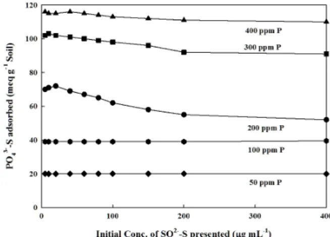 Fig. 4. Adsorption isotherms of sulfate in the presence of  various concentration of phosphate as a binary system on  Chungwon Bt soils.