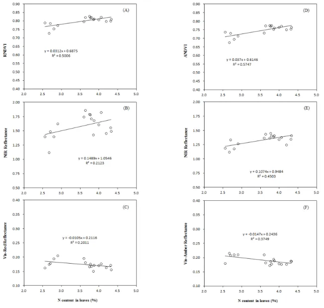Fig. 2. Relationship between nitrogen content in leaves and reflectance indices at 172th day after seedling (Feb