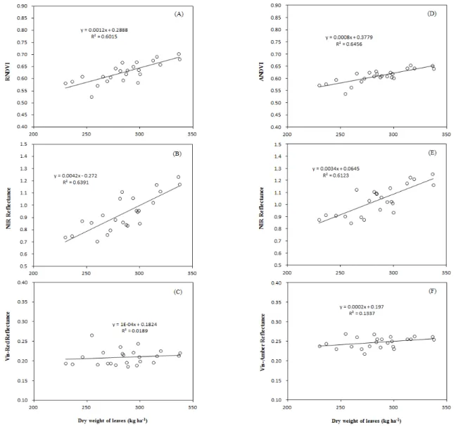 Fig. 3. Relationship between dry weight of leaves and reflectance indices at 31th day after seedling (Oct