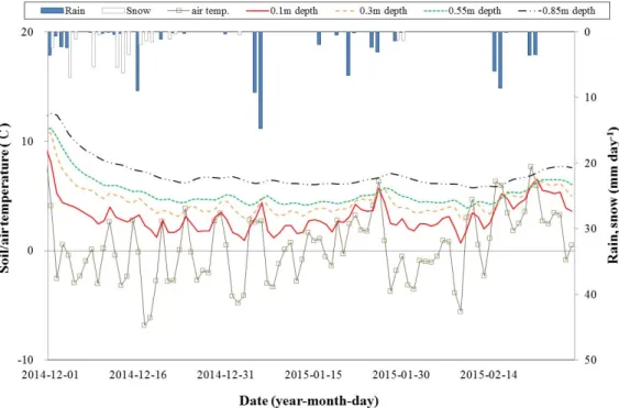 Fig. 5. Daily variation of precipitation and air and soil temperature in the study site from Dec
