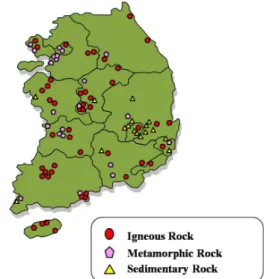 Fig. 1. Study area and locations of groundwater sampling  site for groundwater background level depending on  geo-logical characteristics.Introduction지하수는 외부 오염물질의 유입에 민감한 지표수에 비해 상대적으로 외부의 영향을 적게 받는 장점으로 인해 그 사용량이 꾸준히 증가하고 있는 추세이다 (NIER, 2013)
