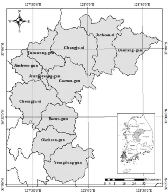 Fig. 1. Locations of -si and -gun in Chungbuk.