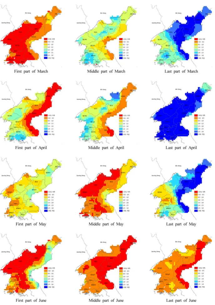 Fig. 2. Anomaly maps of mean temperature in March and June of 2015 in North Korea.