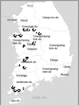 Fig. 1. Sampling areas for paddy soils and brown rice in Korea.