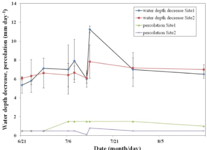 Fig. 3. Daily water depth decrease and percolation in studied  sites. The vertical bars mean the standard deviation of  measured values.