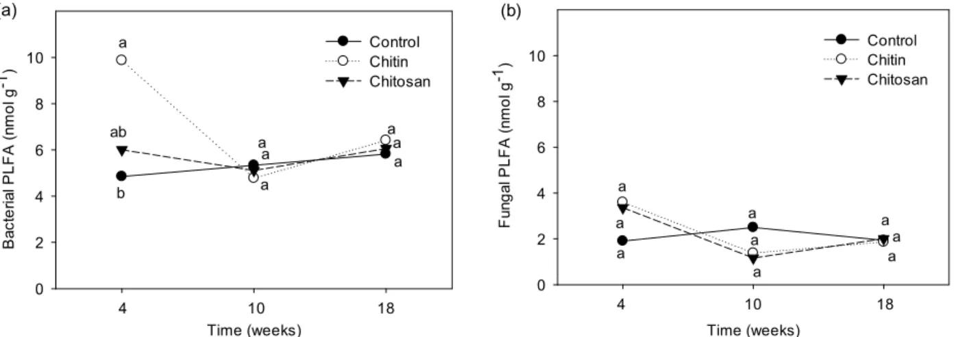 Fig. 1. Changes in microbial PLFA as affected by chitin and chitosan in the microcosm experiment
