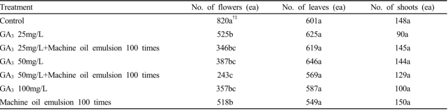 Fig. 1. Effect of foliar application of GA 3  and machine oil  emulsion mixture on the flower-leaf ratio of ‘Miyagawa’