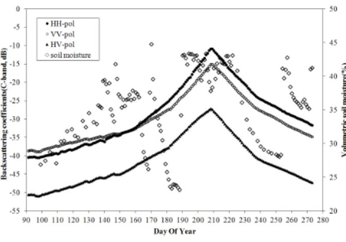 Fig. 2. Temporal variation of soil moisture and precipitation  during the corn growth period.