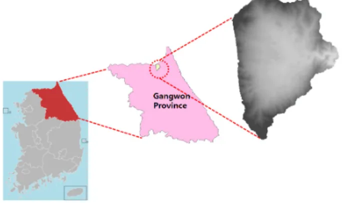 Fig. 1. Location of Haean-myeon watershed, Yanggu, Gangwon  province.Introduction최근 들어 기후변화에 따른 잦은 집중호우로 소양강 상류지점의 고랭지와 객토 농경지, 무분별하게 행해진 개간지 등에서 유출된 토사가 소양강으로 흘러들어 심각한 소양강 탁수 문제를 일으키고 있다