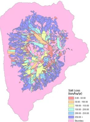Fig. 13. Areas with soil erosion exceeding 50ton/ha/yr at  study watershed. 토양유실량 산정 결과    해안면의 경우 펀치볼 형태의  지형적 특성을 가지고 있으며, 이 지형적 특성은 Fig