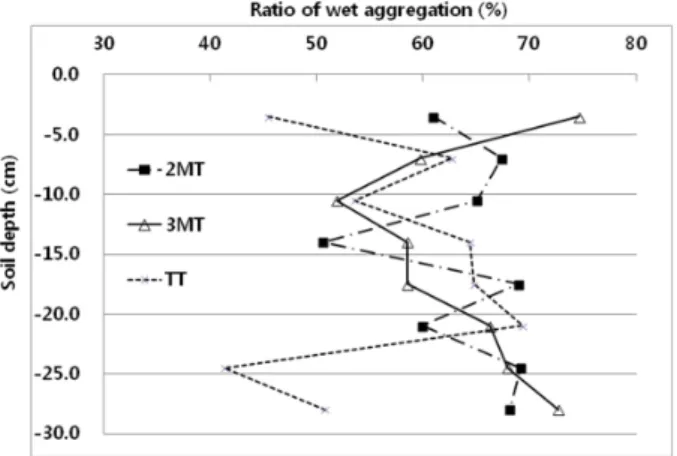 Fig. 4. The profile of ratio of wet aggregation contents with  2- and 3-year minimum tillage and dry direct seeding and  tillage transplanting cultivation.