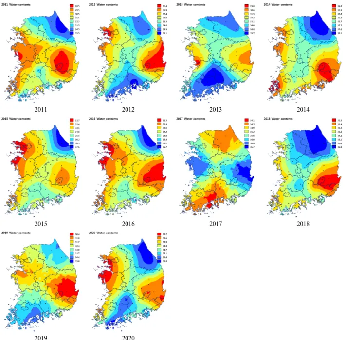 Fig. 8. The distribution map of soil water contents with a year based on 66 weather stations during 2011∼2020 years estimated by  simulating AFKAE0.5 according to RCP8.5 climate scenario.