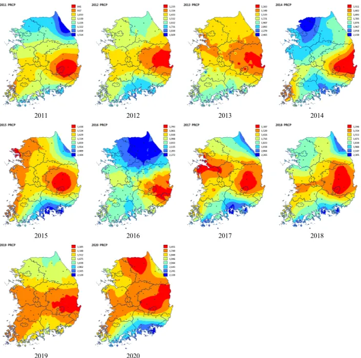 Fig. 5. The distribution map of precipitation with a year based on 66 weather stations during 2011∼2020 years estimated by  simulating AFKAE0.5 according to RCP8.5 climate scenario.