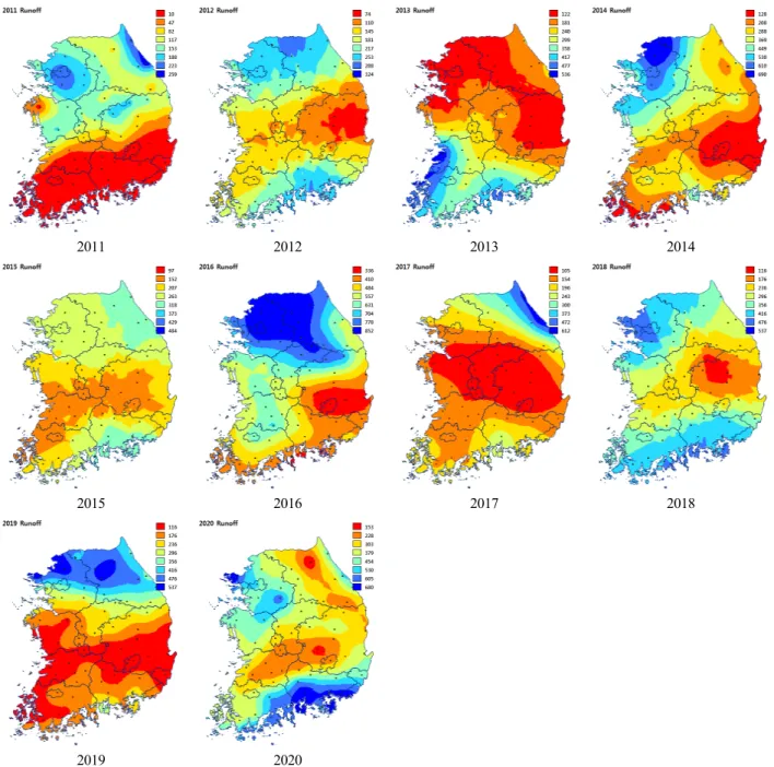 Fig. 6. The distribution map of runoff with a year based on 66 weather stations during 2011∼2020 years estimated by simulating  AFKAE0.5 according to RCP8.5 climate scenario.
