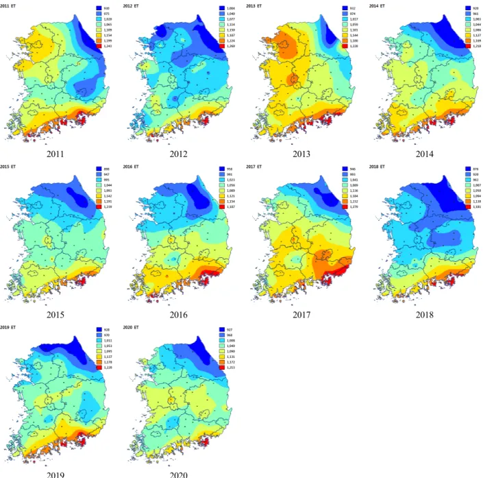 Fig. 7. The distribution map of real evapotranspiration with a year based on 66 weather stations during 2011∼2020  years  estimated by simulating AFKAE0.5 according to RCP8.5 climate scenario.