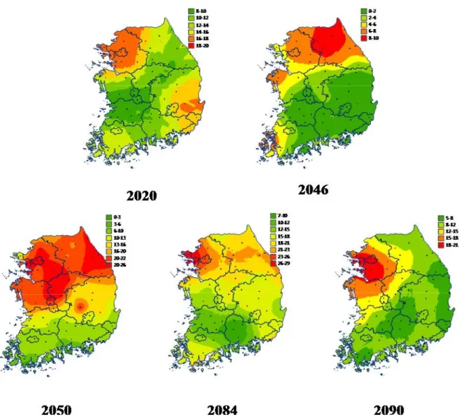 Fig. 5. The distribution map of maximum continuous drought risk index (MCDRI(4/6)) 1  in 2020, 2046, 2050, 2084, and 2090  estimated by AFKAE0.5 according to RCP8.5 climate scenario.