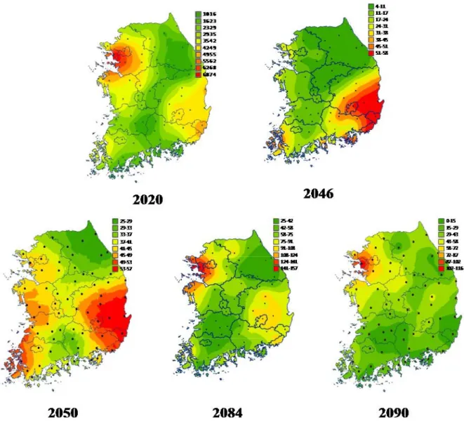 Fig. 3. The distribution maps of total drought risk index (TDRI(1/12)) 1  in 2020, 2046, 2050, 2084, and 2090 estimated by  AFKAE0.5 according to RCP8.5 climate scenario.
