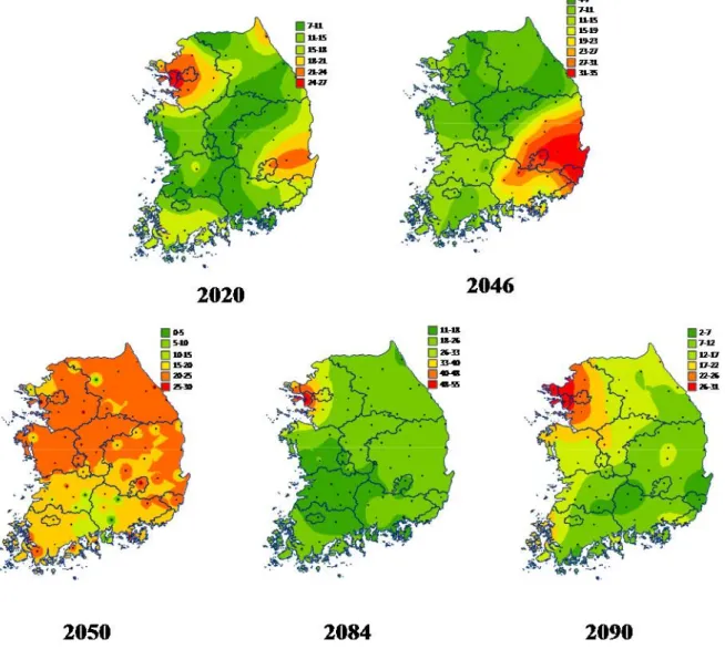 Fig. 4. The distribution map of maximum continuous drought risk index (MCDRI(1/12)) 1  in 2020, 2046, 2050, 2084, and 2090  estimated by AFKAE0.5 according to RCP8.5 climate scenario.