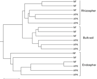 Fig. 4. UPGMA dendrogram constructed using Morisita-Horn distance indices showing similarities among the bacterial  community structures in the endosphere, rhizosphere, and  bulk soil in a rice field