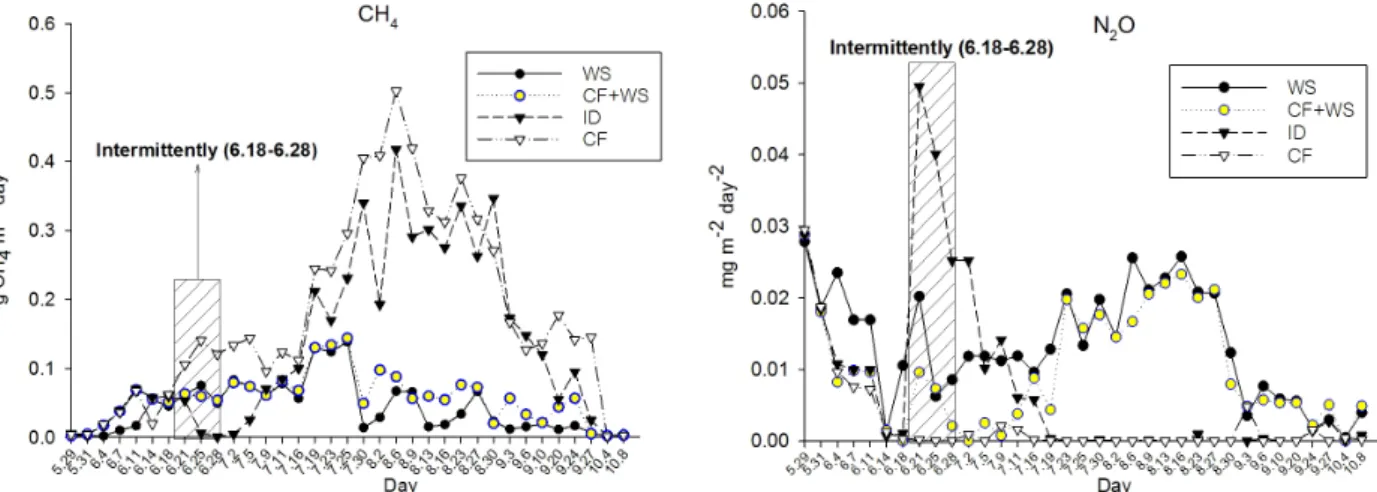 Fig. 3. Temporal changes of CH 4  and N 2 O emissions as affected by different water management system.
