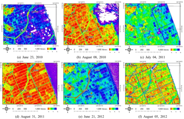 Fig. 6. Spatial distribution of  leaf area index (LAI) in paddy fields in Seosan, Chungcheongnam‐do, South Korea.