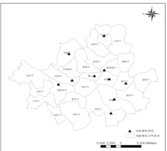 Fig. 1. Points of soil sampling location across Seoul  Metropolitan area.  수록되어 있는 서울시 23개 지역의 미세먼지 (PM 10 ) 오염도  측정결과와 놀이터 모래 중 중금속과의 상관관계를 평가하 였다