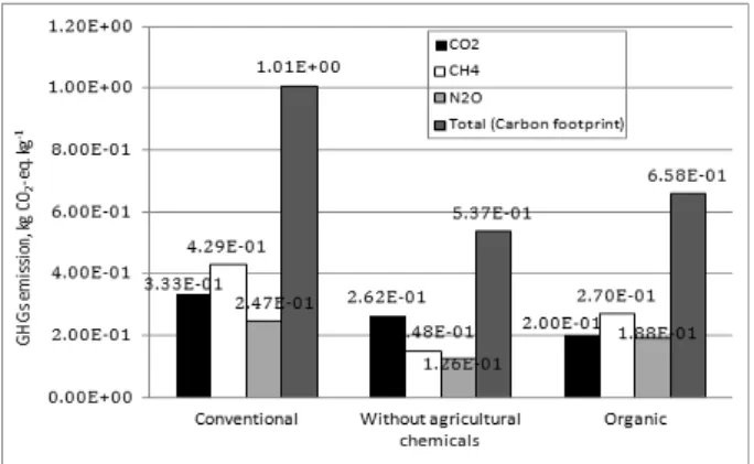 Fig. 5. Comparision of carbon footprint of conventional  rice production system among three rice production systems.