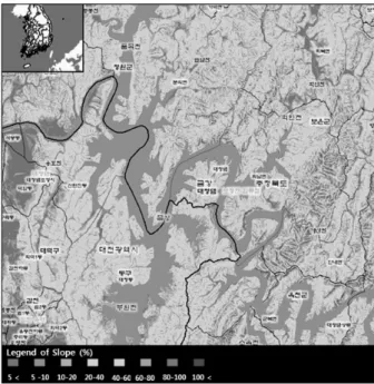 Fig. 1. Configuration of slope gradient of forest along the  basin of Daechung reservoir.