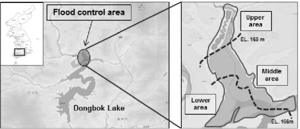 Fig. 1. Sampling sites in flood control reservoir around Dongbok lake.절별로 우점 군집의 종류와 군집 구조가 달라질 수 있으며, 강우사상에 따라 침수되는 양상도 바뀌므로 매년 영양염류의 부하량을 정확하게 산정하는 것이 매우 어렵기 때문에 홍수시 침수 및 비침수지역을 정확히 구분하여 자생 식물들이 침수시 영양염류의 흡수와 용출특성을 파악하는 것이 필요하다 (Lee and Park, 2005; Lee e