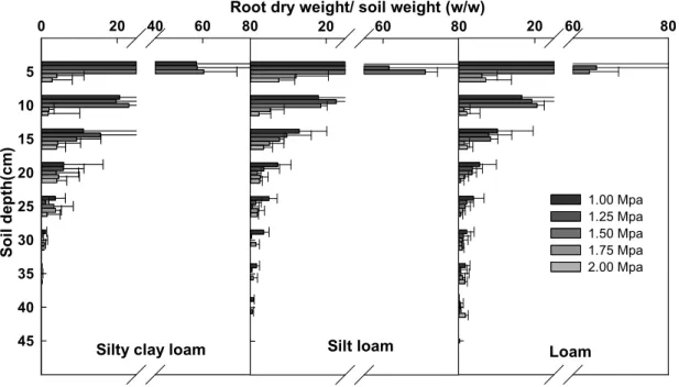 Fig. 2. Root weight density as a function of soil texture and soil compaction levels.