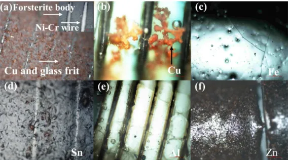 Fig. 5. Microstructure of the specimen with metal filler doped; (a) Cu and Glass mixture, (b) Cu-doped, (c) Fe-doped, (d)Sn- doped, (e) Al- Al-doped, and (f) Zn-doped specimen