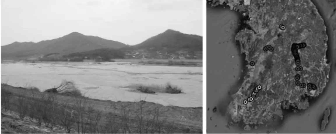 Fig. 1. River-bed sediments (Kyungpook Uiseong, left) and sampling sites (right).