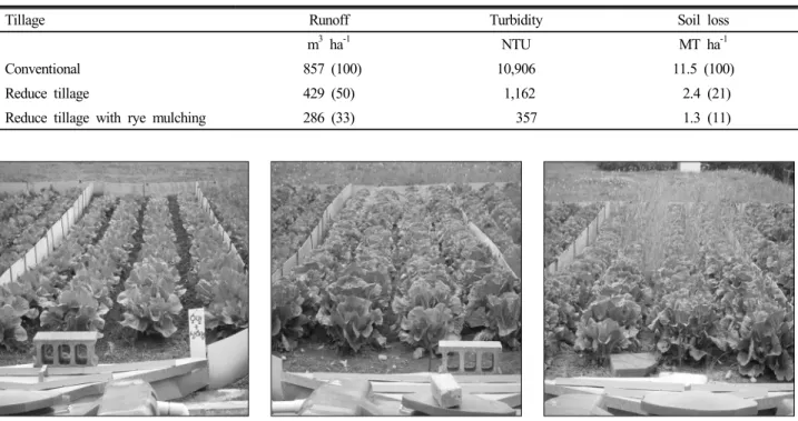 Table 5. Runoff, turbidity and soil loss from conventional tillage and reduced tillage with of without rye mulching.